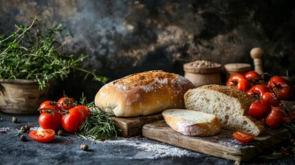 Fresh bread with tomatoes rustic wooden table still life food photography artisan homemade bakery