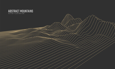 Contour mountain landscape. Waved line art. Abstract minimal topographic map. Contour lines with elevations and terrain depth. Vector illustration.