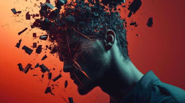 Surreal portrait exploding head abstract red background concept mental creativity expression imagination powerful thought