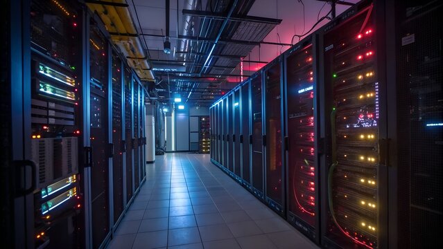 server room with endless blinking cyber lights - Powered by Adobe