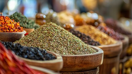 Colorful spice market bowls natural ingredients exotic flavors culinary traditional bazaar variety aroma herbs
