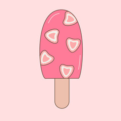 Cute hand drawn cartoon vector illustration with ice cream with strawberry isolated on pink background