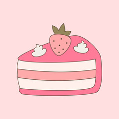 cute hand drawn funny cartoon slice cake with strawberry colorful vector illustration isolated on pink background