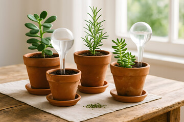 Fototapeta premium Potted Plants with Glass Self-Watering Globes on Rustic Wooden Table in Summer Light