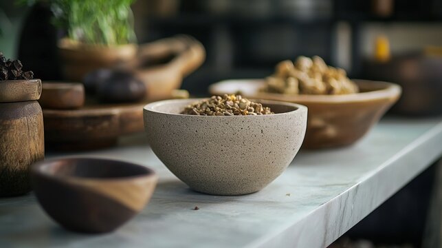 Rustic kitchen bowls grains natural wood ceramic traditional cooking ingredients simple lifestyle organic food