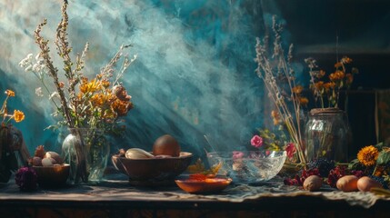 Fototapeta premium Still life with fruit flowers and candle dramatic blue background rustic organic harvest vintage scene