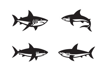 Shark Silhouette Vector Set, Black Marine Predator Icons Collection.