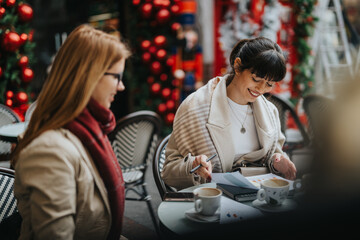 Two women sitting at a table, enjoying coffee, laughing, and discussing documents outdoors during a cheerful holiday atmosphere.
