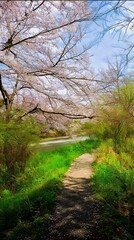 Fototapeta premium Trail beneath blooming cherry trees near water