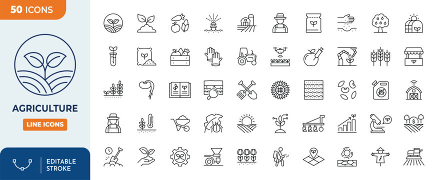 Agriculture icon set. Outline Icon Collection. Vector illustration. Editable stroke	