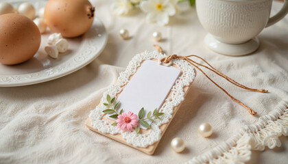 Fototapeta premium Mockup of a decorative tag with flowers and eggs on a table 