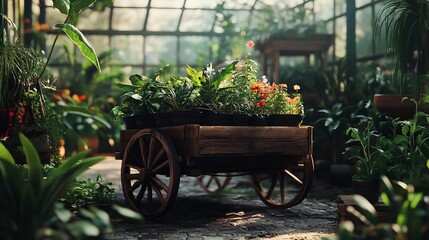 Explore lush greenhouse plants in wooden cart garden design and indoor gardening ideas for inspiration
