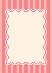 Striped pink background with frame. Scalloped wavy frame on pink background. Horizontal template for text boxes, invitations, advertisements, labels.