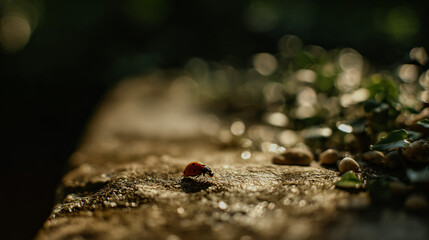 Ladybug walk along the edge of a garden stone, basking in the sunday