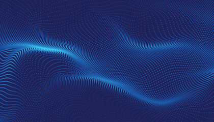 Fototapeta premium Dark blue halftone dotted abstract background, big data pattern, technology or futuristic visualization, waveform dots texture, music backdrop, Beautiful movement with glowing blurred particles.