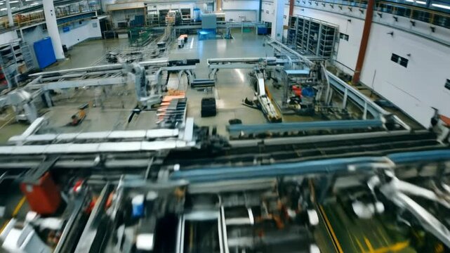 FPV drone shot inside modern factory with autonomous machines - Drone flies through empty smart factory with automated machines. Concept of AI, automation, robotics, industry 4.0.