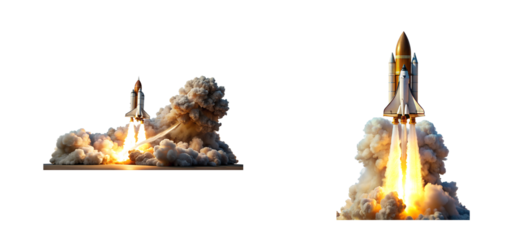 Rocket launch, space shuttle takes off with smoke trails, cut out transparent