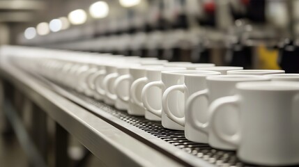 White Ceramic Mugs Conveyor Belt Manufacturing Process Industrial Production Line Modern Factory Ware Cups China Plant Dishes     