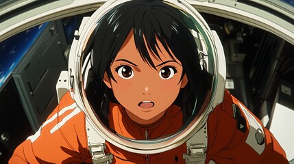 A female astronaut with dark hair expresses wonder in a space helmet.