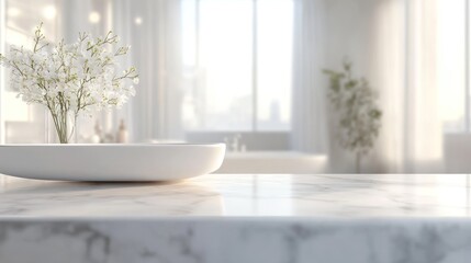 White flowers on marble tabletop modern interior setting