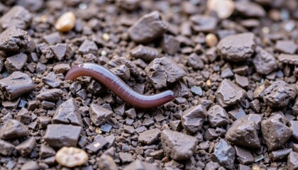 Fototapeta premium Worm on dark gravel surface in natural habitat.