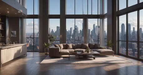 Luxury high-rise condo, breathtaking city views, lights, bathroom, kitchen