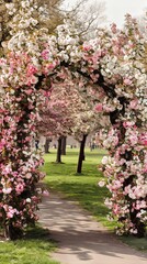 Floral archway in lush park setting