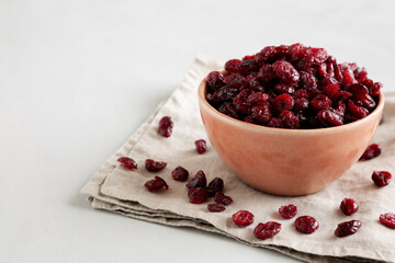 Organic Dried Cranberries in a Bowl, side view. Copy space.
