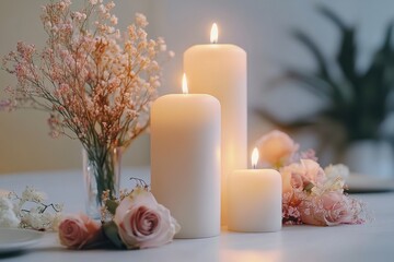 Elegant candlelit arrangement with soft pink roses and delicate flowers enhancing a serene atmosphere for a special occasion