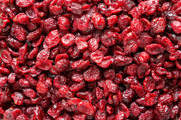 Organic Dried Cranberries, top view. Flat lay, overhead, from above.