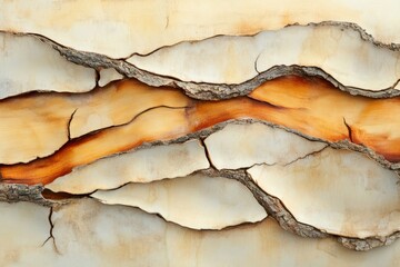 Fototapeta premium Close-up view of textured bark with pale cream and burnt orange hues.