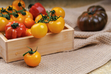 Cherry tomatoes in wooden box with yellow and red colors on rustic cloth with brown heirloom tomato in background