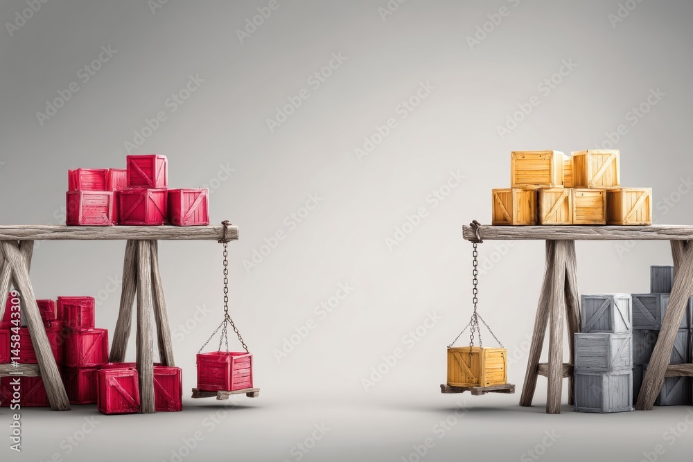 Leinwandbilder Scale Balancing Red Export Crates and Yellow Import Crates on Wooden Beams in a Neutral Setting Generative AI