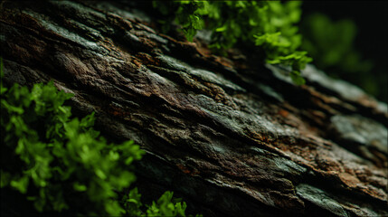 Obraz premium Layered tree bark with lush green foliage, record earthy tones and nature’s complexity, perfective for nature inspired projects.