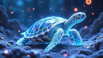 Holographic Tortoise Swimming in a Sea of Glowing Particles, Technology and Nature Concept