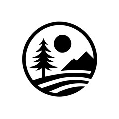 Minimalist Nature Logo: Circle Emblem of Pine Tree, Mountains, and Sun