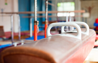 Pommel horse in gymnasium. The horse is tan leather with wooden legs and handles.