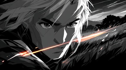 Anime-style male character with light hair, intense eyes, and serious expression with motion streak and grayscale landscape backgr