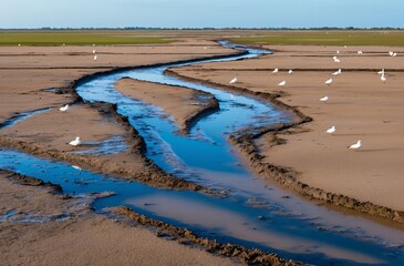 Sandy Tidal Channels with Blue Water and Gulls in a Coastal Wetland Landscape