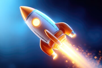 Colorful rocket launching into a vibrant night sky.