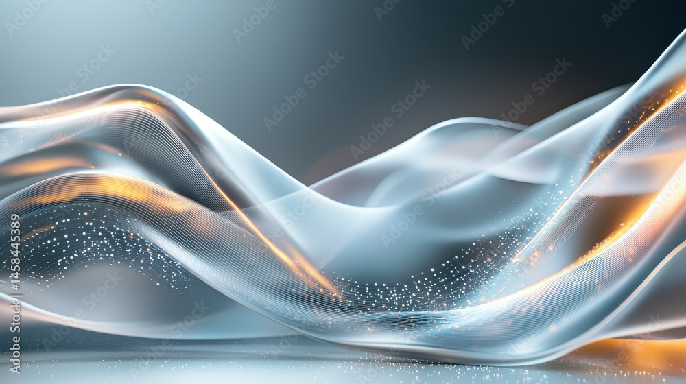 Poster abstract dynamic waves with soft light and sparkles in a serene setting.