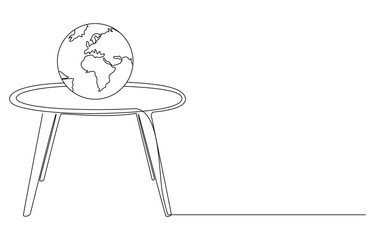 Wooden table with world map continuous one line drawing