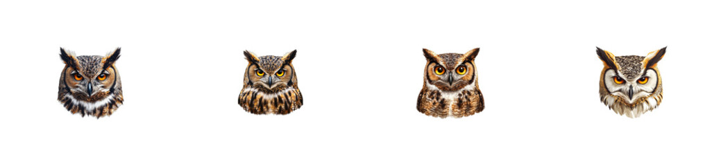 Fototapeta premium Row of Four Owls Facing Forward, Cut Out Transparent