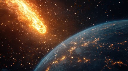 Comet scorching through space approaching Earth at high velocity with bright fiery trail illuminating the night landscape