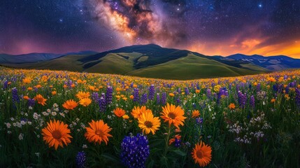 Obraz premium A vibrant, colorful meadow with wildflowers under a starry night sky.