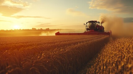 Fototapeta premium Harvesting wheat field at sunset with combine harvester agriculture farming rural landscape 100