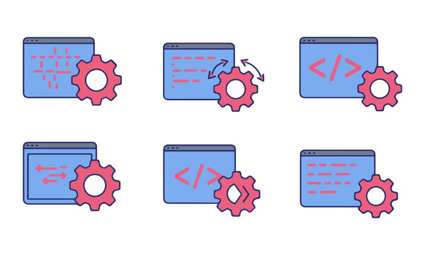 Blue and Pink Coding and Configuration Icons. blue and pink icons depicting code or data flow on screens paired with gears, representing coding and configuration