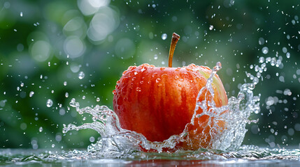 Juicy red apple splashing into water with droplets, fresh fruit with green bokeh and motion effect.