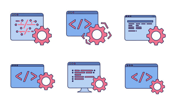 Blue and Pink Coding and Settings Icons. Six blue and pink icons showing code/diagrams on screens with gears, representing coding and settings.