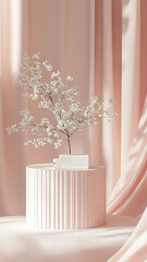Design a chic pastel-themed podium for product promotion, featuring soft, muted tones, elegant props like delicate flowers and stylish packaging, all set in a serene and inviting atmosphere that emph